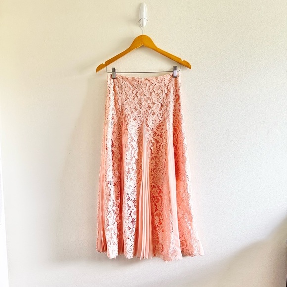 Sandro Pale Pink Pleated Detail Floral Lace Midi Skirt size 2 - Picture 2 of 14
